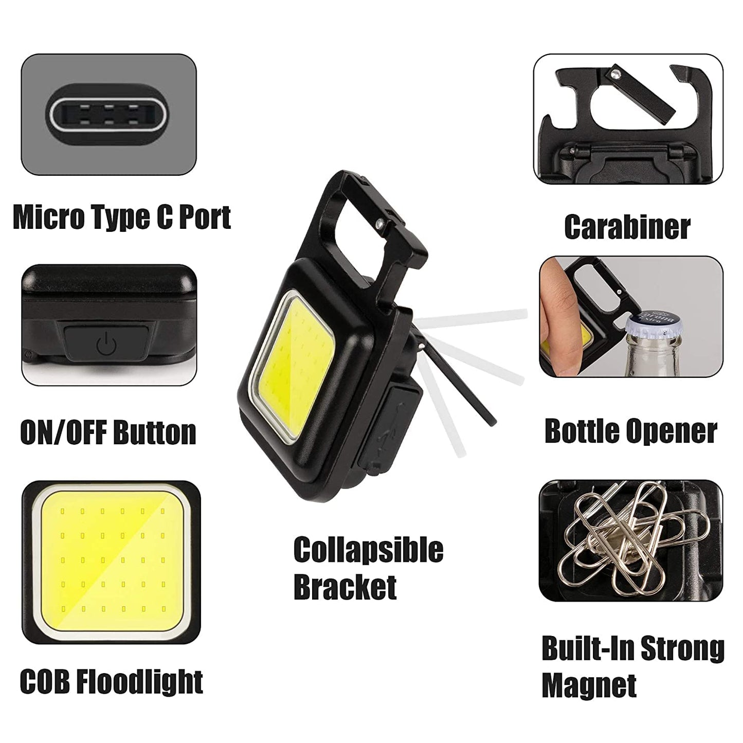 MILONI USA Keychain LED Light 2-Hours Battery Life with Bottle Opener, Magnetic Base and Folding Bracket Mini COB 1000 Lumens Rechargeable Emergency Light for Fishing,Walking, Camping