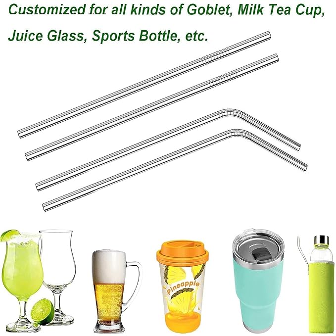 Reusable BPA-Free Metal, Dishwasher Safe Stainless Steel Drinking Straws with Cleaning Brush, 8.5 Inches (4 Straight Straws, 1 Brush)