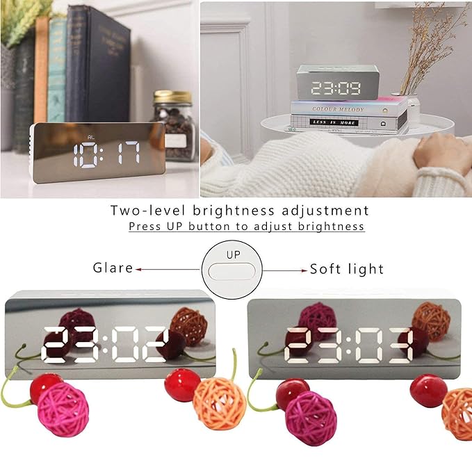 MILONI USA Digital LED Mirror Alarm Clock for Heavy Sleepers Kids Large LED Display with Snooze Time Temperature Function for Bedroom, Office, Travel Battery Powered and USB Power (2)