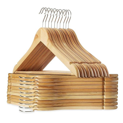 Multi Functional Solid Wooden Natural Finish Suit Coat Hangers with 2 Shoulder Notches 360 Degree Swivel Hook