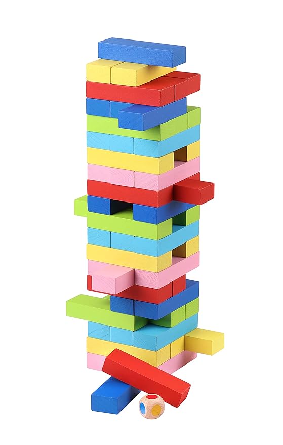 Colour Crash Tumbling Tower Game with 54 Precision Wooden Blocks of Premium Beachwood for Adults and Kids, 1 or More Players