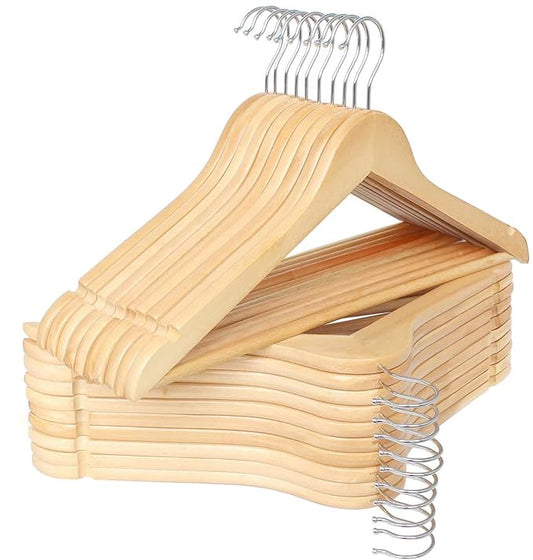 Multi Functional Solid Wooden Natural Finish Suit Coat Hangers with 2 Shoulder Notches 360 Degree Swivel Hook