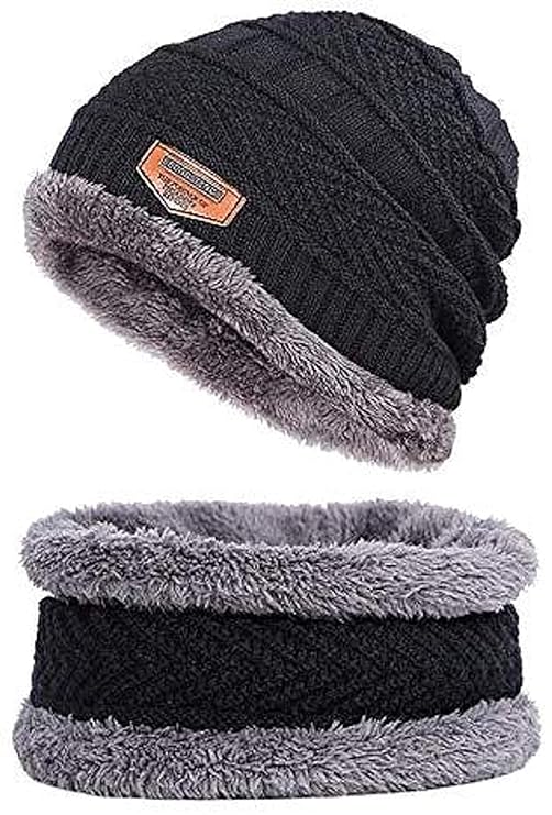 MILONI USA Men's Winter Knit Beanie Cap Hat Neck Warmer Scarf for Men & Women (2 Piece)