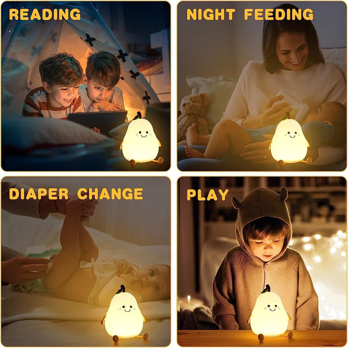 VODIQ Night Light Pear Cute LED Nursery Nightlight Lamp, Tap Control Squishy Silicone, USB Rechargeable Bedside Lamp for Bedroom, Warm White & 7 Colors, Christmas Gift for Kids Girls Boys