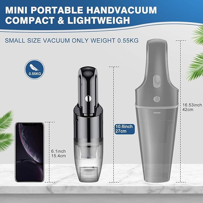 VODIQ Mini Portable Car Vacuum Cordless, Handheld Vacuum for Quick Cleaning, Hand held vacuuming, Dust Buster Cordless Rechargeable for Pet, Hair, Car Home and Office