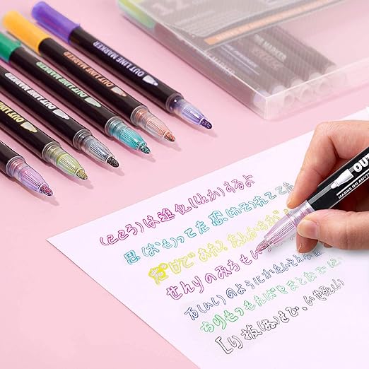 MILONI USA Marker Pens Set Double Line Metallic Outline Markers Pens Glitter -12pcs Permanent Marker Pens Set for DIY Art Crafts, Coloring and Sketching Pens for Kids