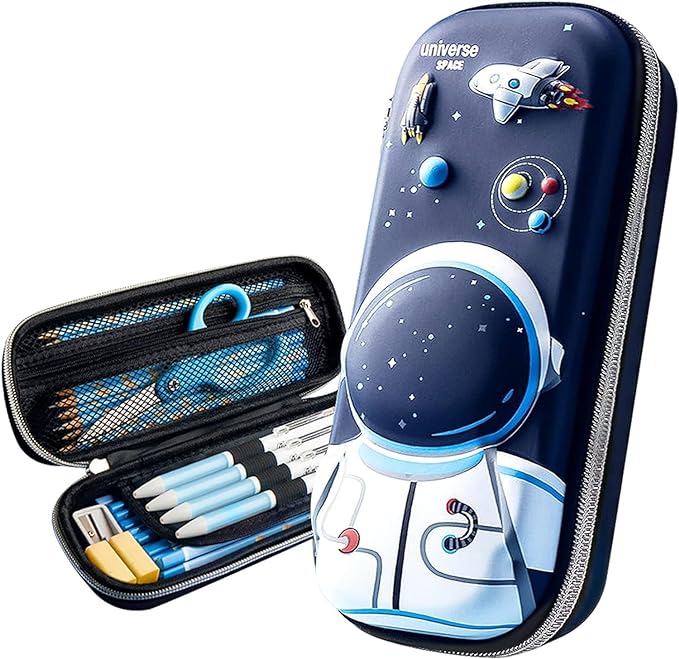 MECHBORN 3D Cover EVA Space Astronaut Theme Pencil Case Large Capacity Pencil Pouch Bag Compass School Pouch Organizer for Students Kids Pouch Stationery Box (Double Chain Astronaut Pouch)