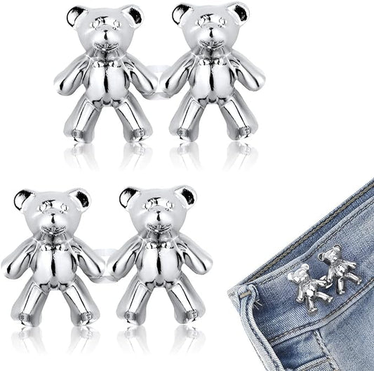 VODIQ Detachable Jeans Button Cute Bear Button Pins for Jeans, No Sew Instant Adjustable Waist Buckle Loose Jeans Waist Adjuster Tightener for Skirt Pants (Pack of 4) (Silver)