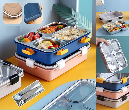 Lunch Box for Kids – 4 Compartment Insulated Lunch Box Stainless Steel Tiffin Box for Kids School & Office Men (Multi Color)(with 1 Stainless Steel Spoon & 2 Stainless Steel Fork)