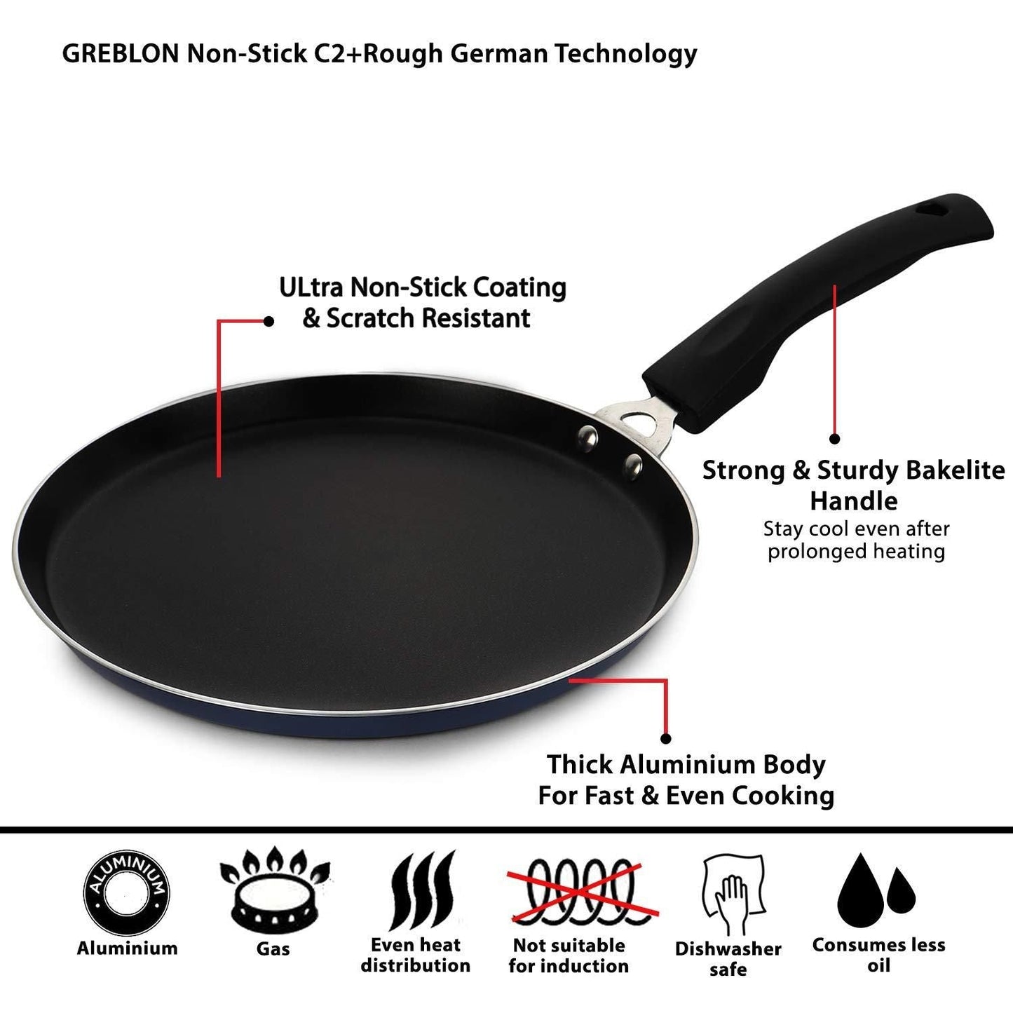 Swadish Dosa Tawa 25 cm diameter (Aluminium, Non-stick, Induction Bottom)