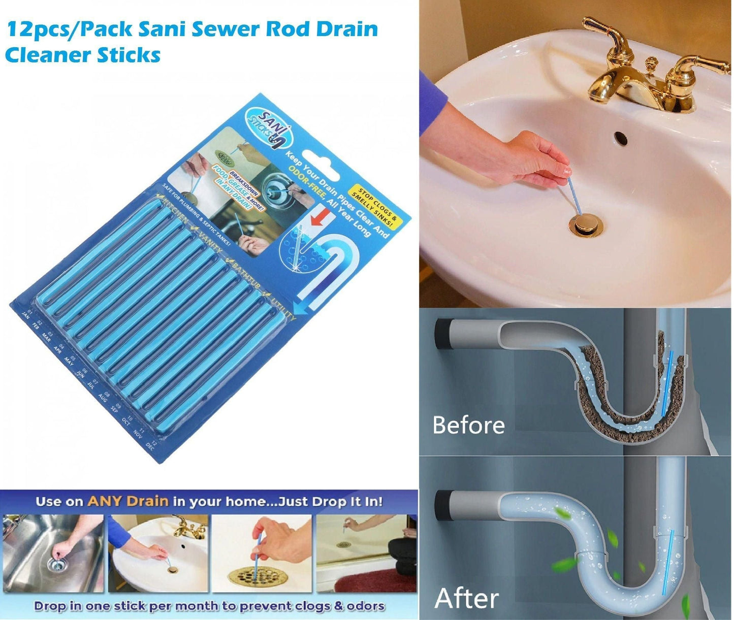 Sink Cleaners - Sani Sticks Sewer Rod Drain Cleaner Sticks