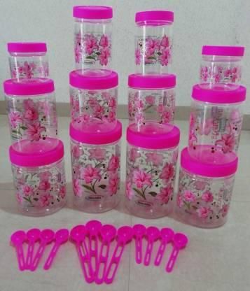 Container-Plastic Round Stroage Jar's & Container With Spoon Kitchen Storage Containers, Airtight Kitchen Containers, Storage Containers For Kitchen, Tea, Coffee, Sugar, Food, Masala, Pasta, Spices, Grocery Container (Pink , Pack Of 12)