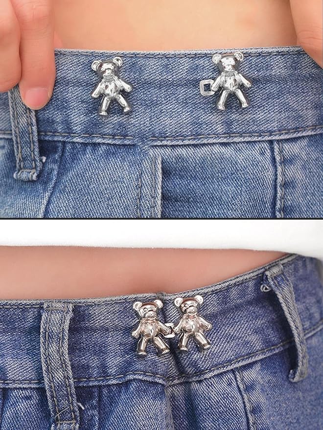 VODIQ Detachable Jeans Button Cute Bear Button Pins for Jeans, No Sew Instant Adjustable Waist Buckle Loose Jeans Waist Adjuster Tightener for Skirt Pants (Pack of 4) (Silver)