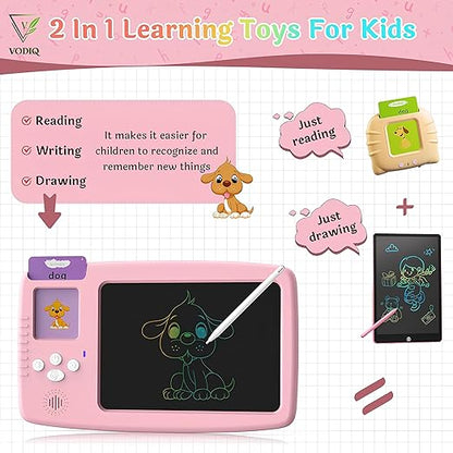 VODIQ Talking Flash Cards with LCD Writing Tablet 2 in 1, Montessori Speech Therapy Autism Sensory Toys for 3-14 Year Olds Boys and Girls (Pink)