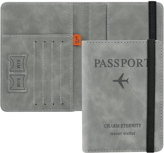 Passport Holder Cover Travel Wallet Organiser, Passport Case with RFID Blocking, PU Leather Travel Document Holder for Men & Women Travel Accessories (Grey)