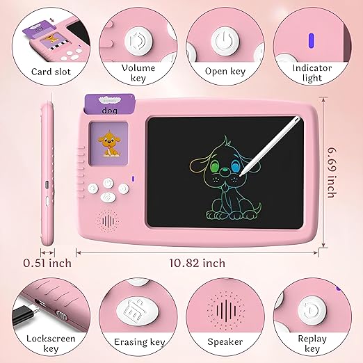 VODIQ Talking Flash Cards with LCD Writing Tablet 2 in 1, Montessori Speech Therapy Autism Sensory Toys for 3-14 Year Olds Boys and Girls (Pink)