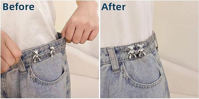 VODIQ Detachable Jeans Button Cute Bear Button Pins for Jeans, No Sew Instant Adjustable Waist Buckle Loose Jeans Waist Adjuster Tightener for Skirt Pants (Pack of 4) (Silver)